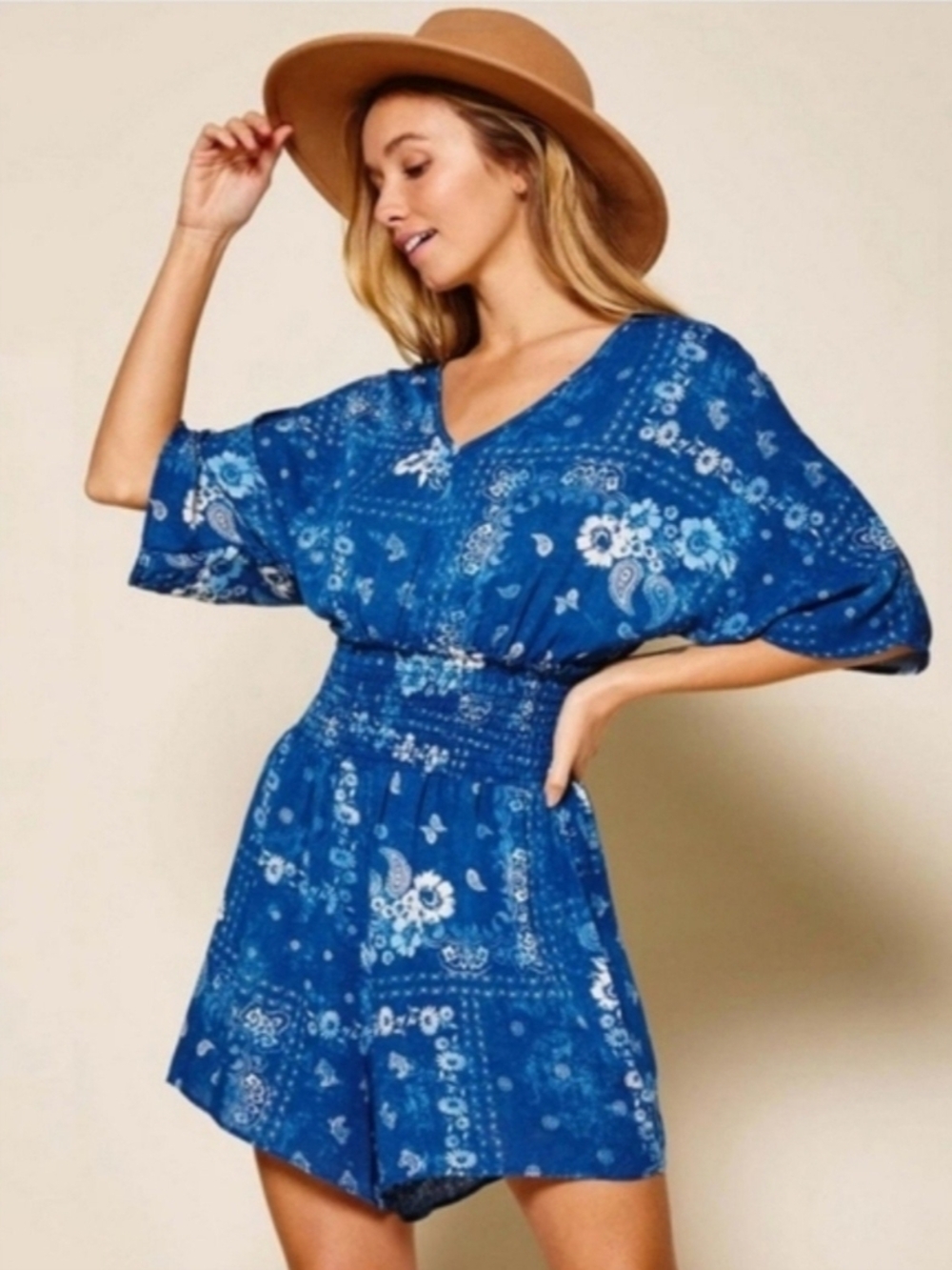 Blue Floral V-Neck Smocked Waist Romper